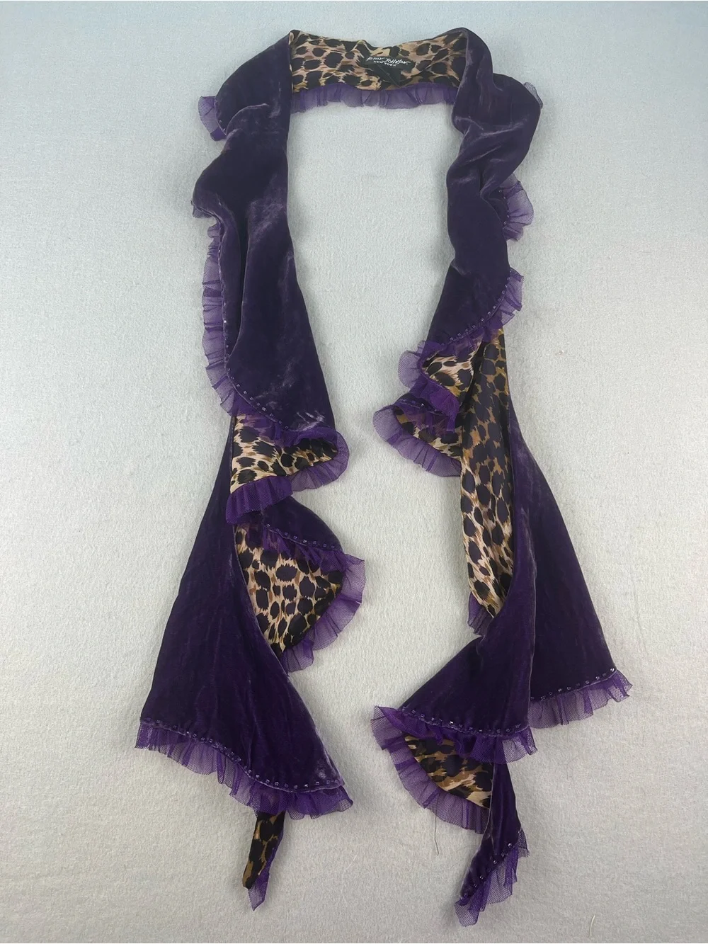 Vtg 1990s 72” Betsey Johnson Silk Velvet Leopard Beaded Scarf Purple Y2K Gothic